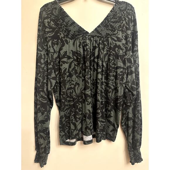 Zac & Rachel Floral Smocked V-Neck Top XL – Black Green Long Sleeve Blouse - Picture 6 of 6